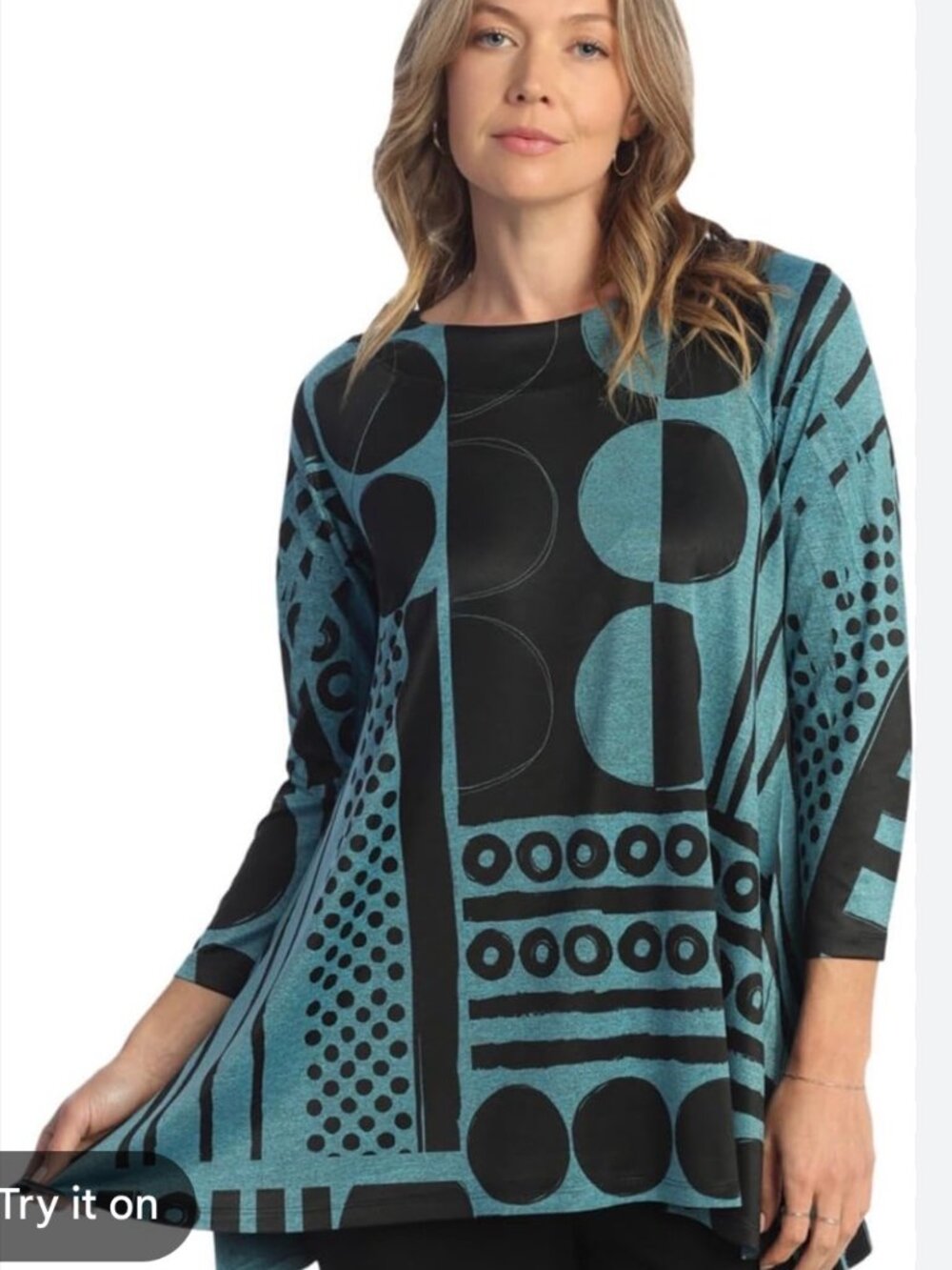 Jess and Jane Size Xl Slinky Like Knit Tunic Black Teal Geometric 3/4 Sleeve Art